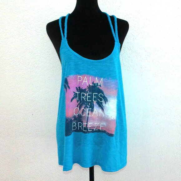 No boundaries, Blue palm trees tank top, with braided straps design. - Picture 1 of 10